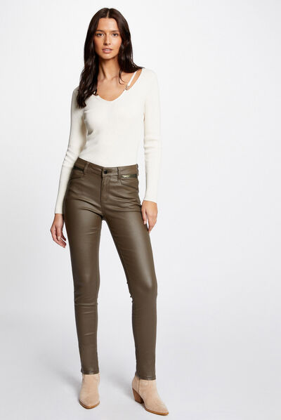 Pantalon skinny enduit vert kaki femme