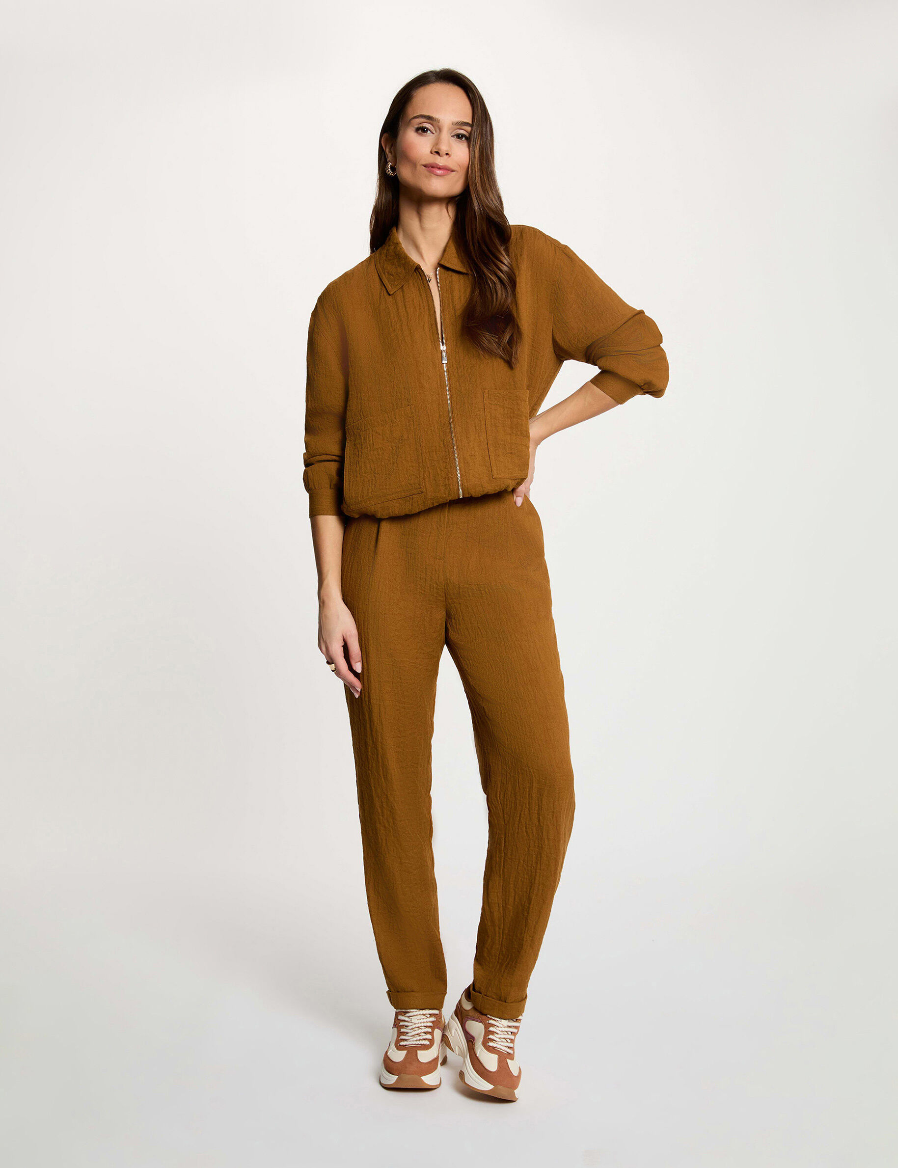 Pantalon carotte taille haute camel femme - vue 1