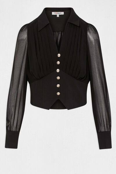 Blouse manches longues avec plis noir femme