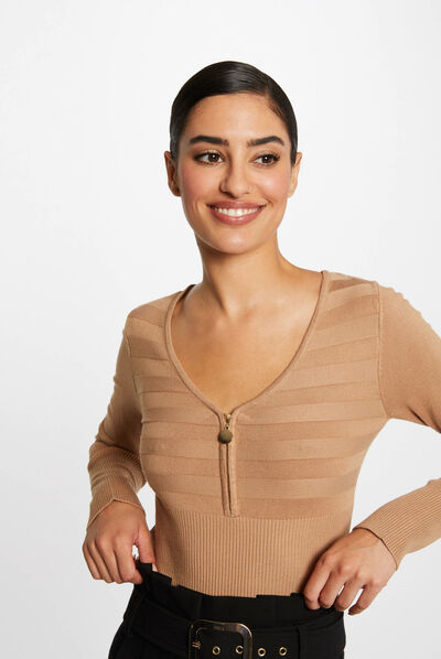 Pull manches longues à détail zippé camel femme