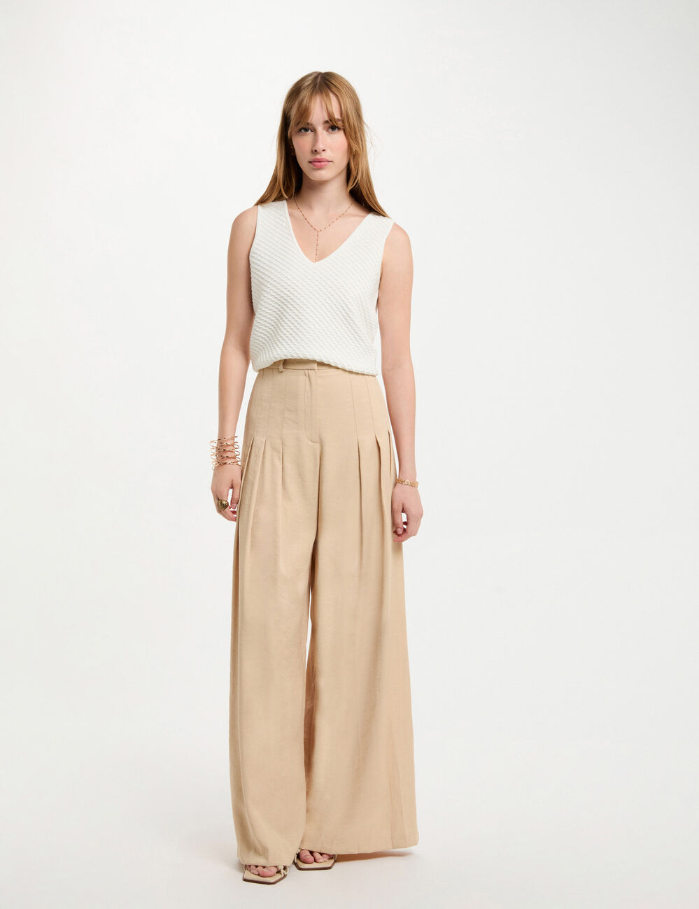 Pantalon large à pinces creme femme