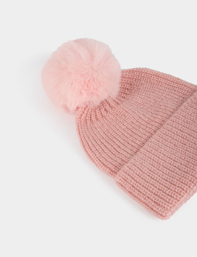 Bonnet &agrave; pompon rose poudr&eacute;e femme