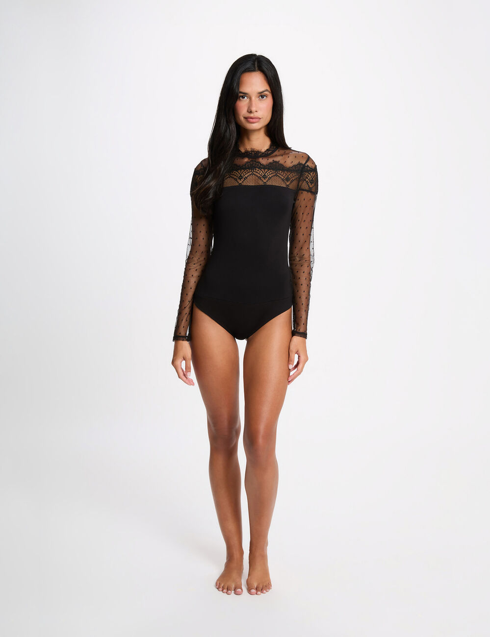 Body dentelle manches longues noir femme