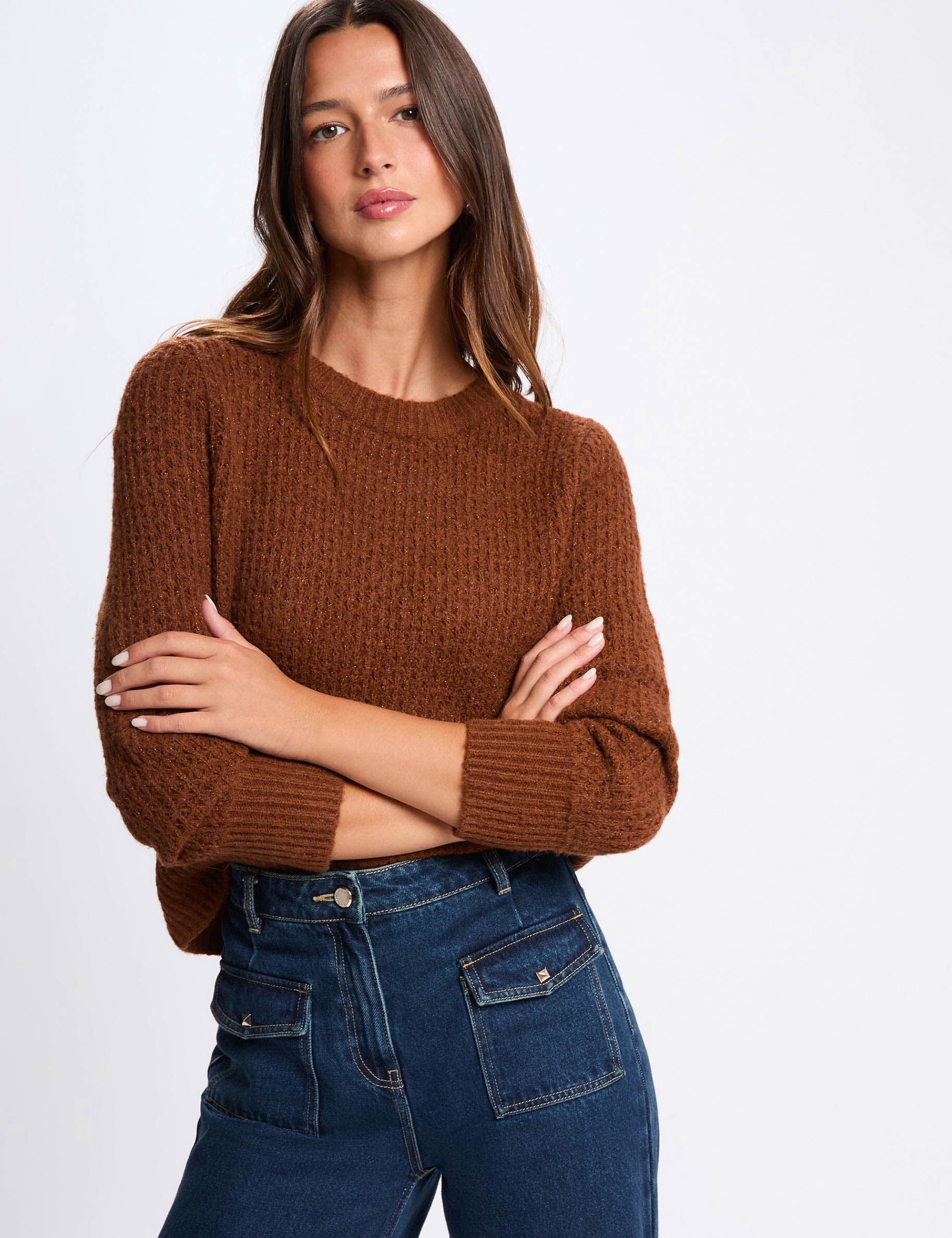 Pull col rond manches longues cognac femme