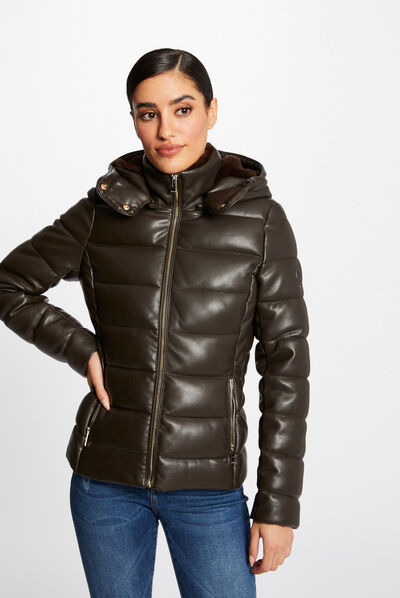 Doudoune droite à capuche marron femme