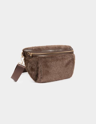 Sac banane fausse fourrure marron fonc&eacute; femme