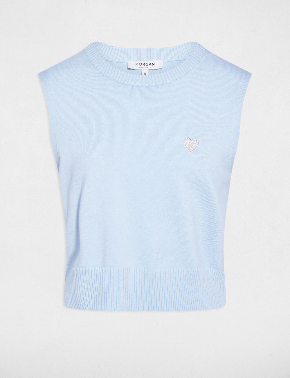 Pull sans manches brod&eacute; bleu ciel femme