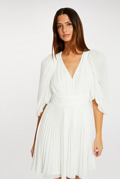Robe évasée avec manches bouffantes ecru femme