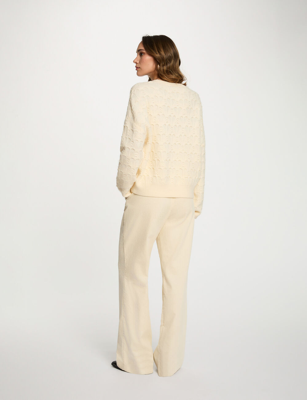 Pantalon large velours ecru femme