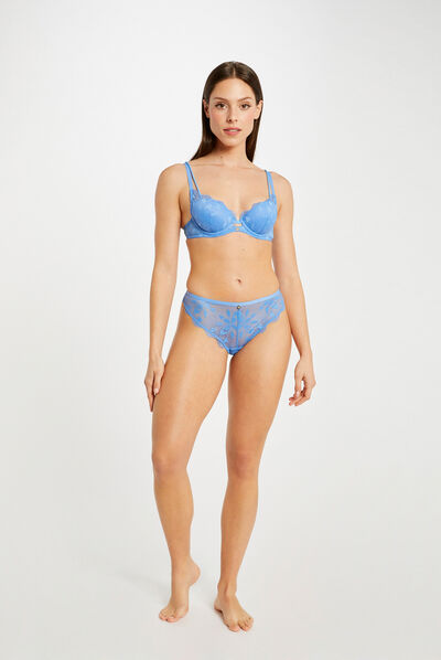 Tanga dentelle bleu femme