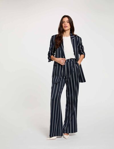 Pantalon large taille haute bleu marine femme