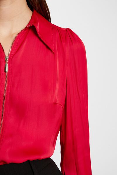 Chemise manches longues satin fuchsia femme