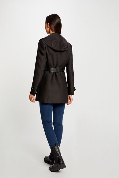 Trench droit ceinturé à capuche noir femme