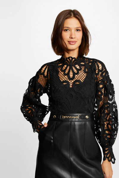 Blouse manches longues en dentelle noir femme