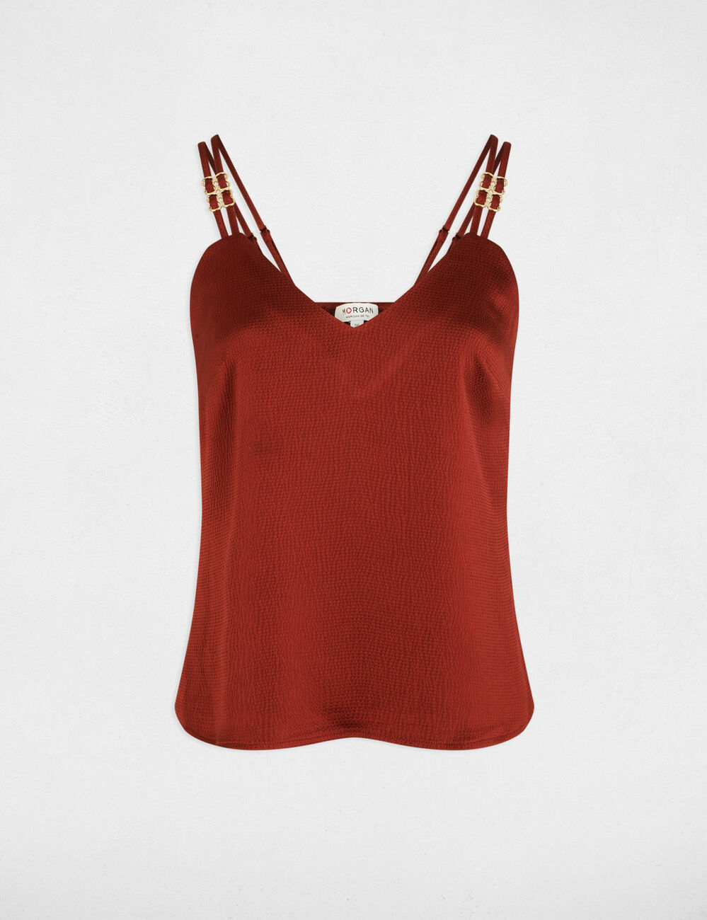 Top satin &agrave; bretelles marron cognac femme