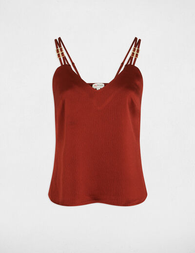 Top satin &agrave; bretelles marron cognac femme
