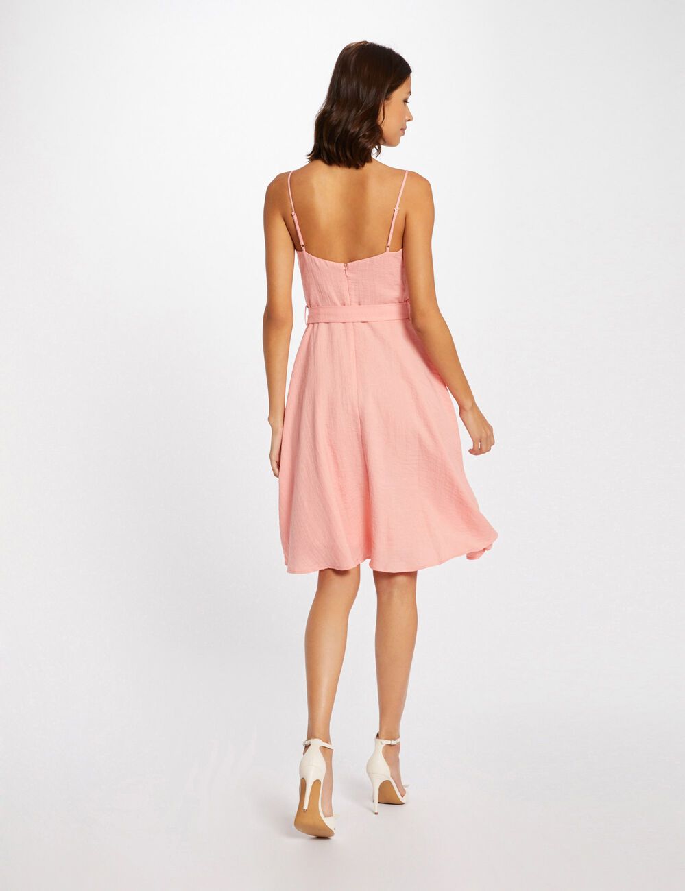 Robe évasée à bretelles ceinturée rose pale femme