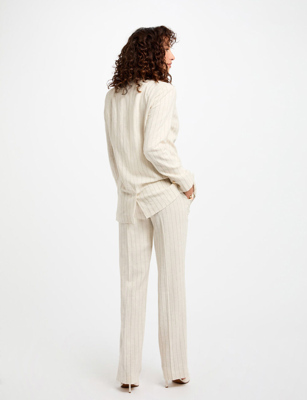 Pantalon large ray&eacute; beige femme