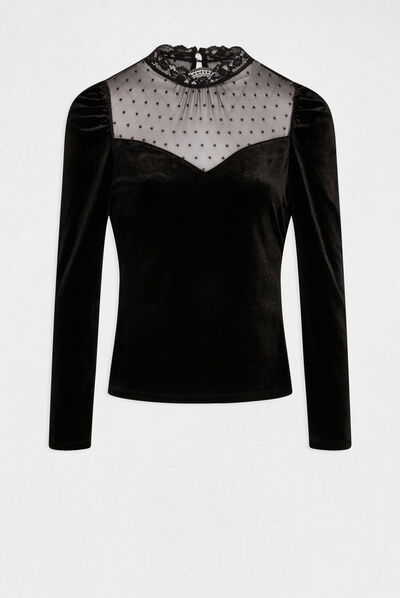 T-shirt manches longues velours plumetis noir femme