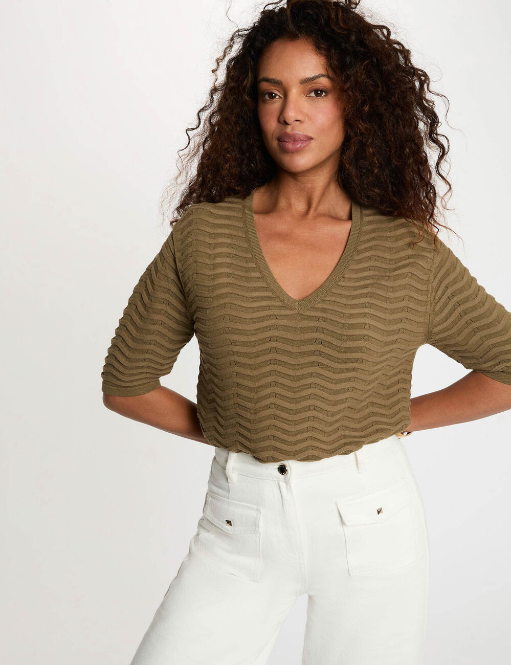 Pull col v manches 3/4 vert kaki femme