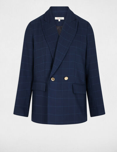 Blazer droit &agrave; carreaux bleu marine femme
