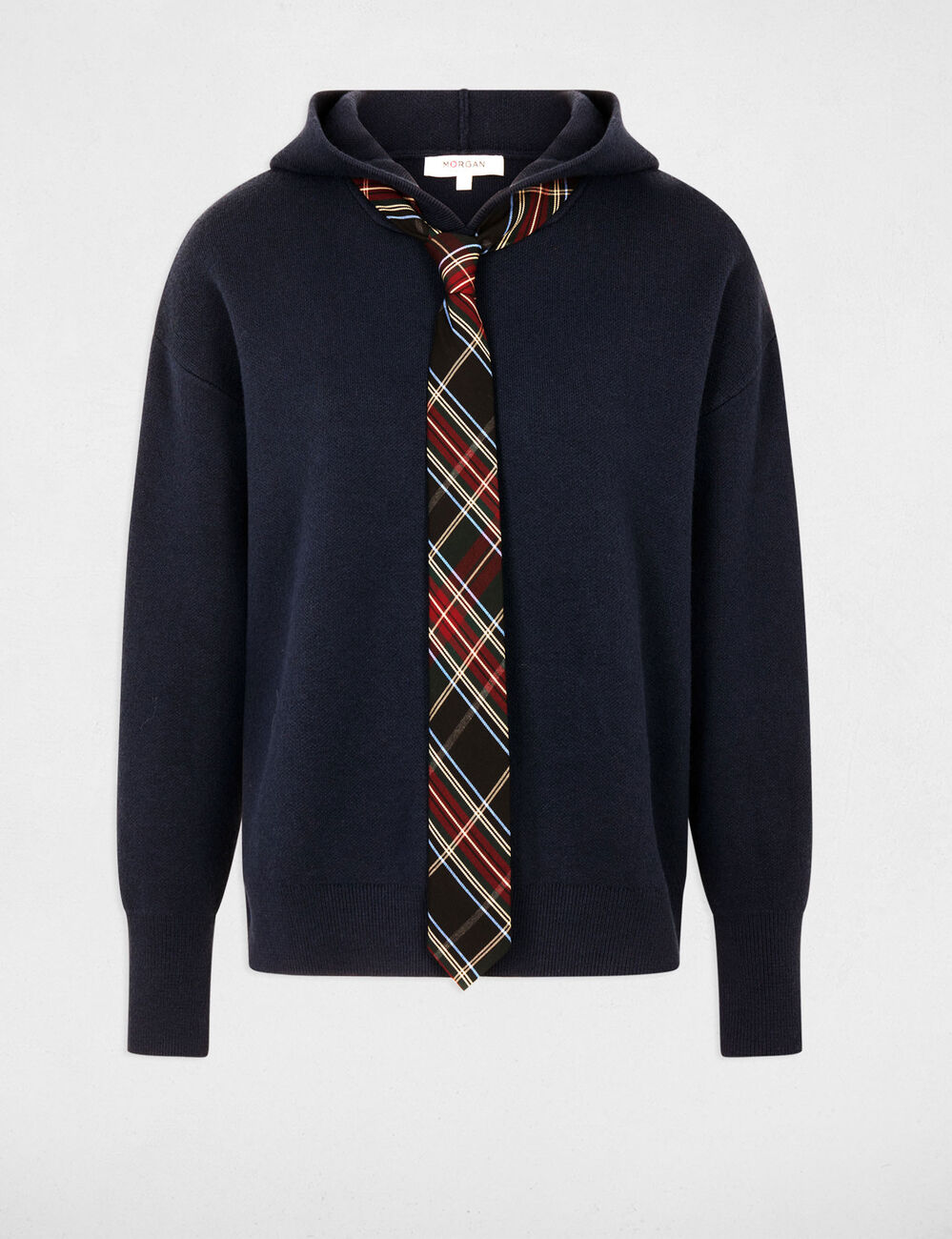Pull &agrave; capuche bleu marine femme