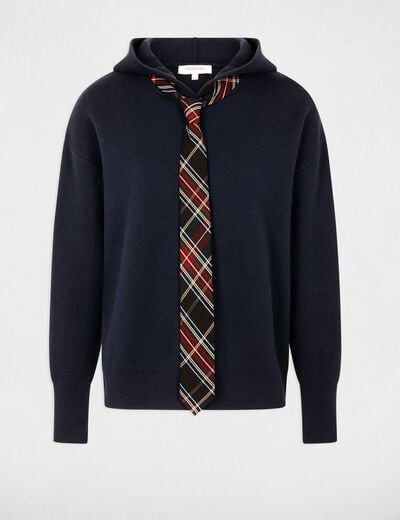 Pull &agrave; capuche bleu marine femme