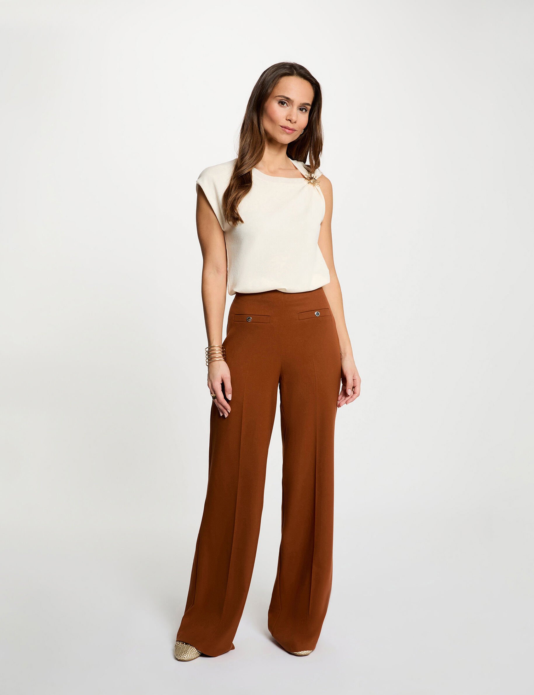 Pantalon large taille haute cognac femme