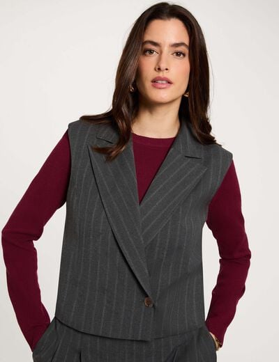 Gilet ray&eacute; sans manches denim gris fonce femme