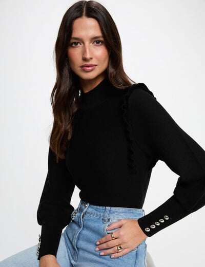 Pull manches longues avec volants noir femme