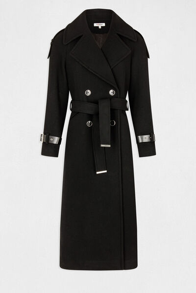 Manteau long cintré détails simili cuir noir femme