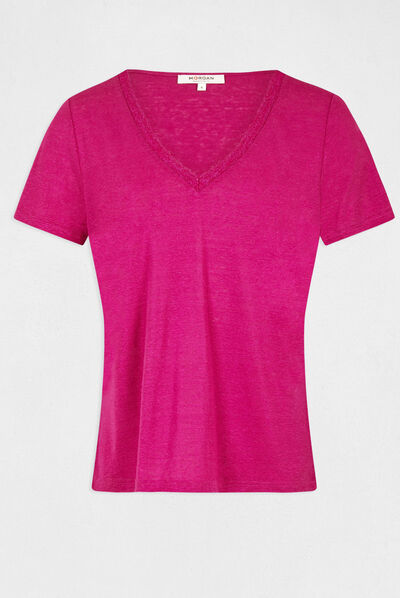T-shirt manches courtes col en V framboise femme