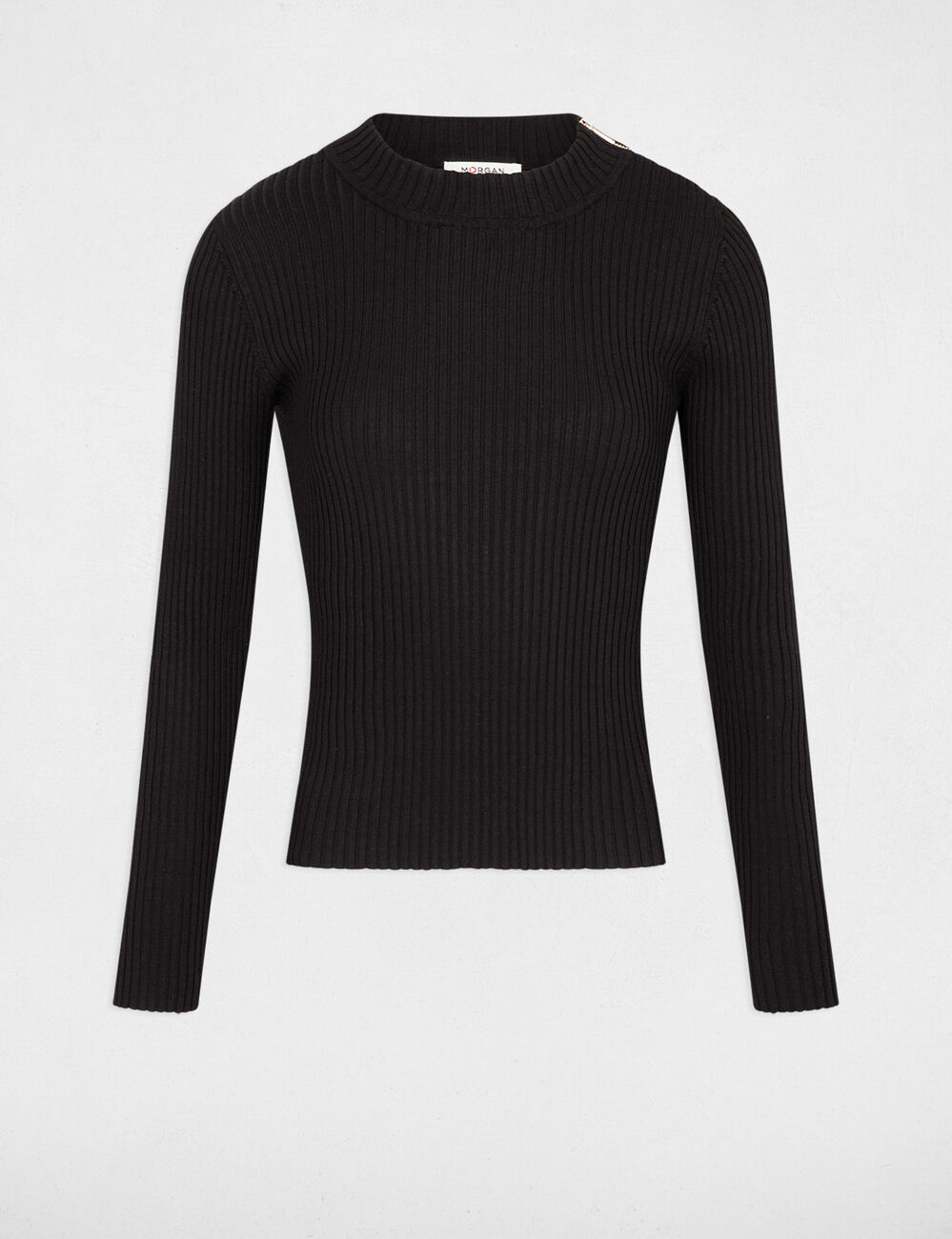 Pull col montant côtelé noir femme