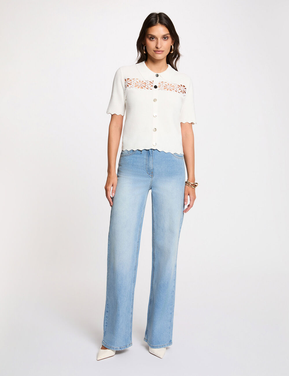 Pull ajour&eacute; brod&eacute; blanc femme