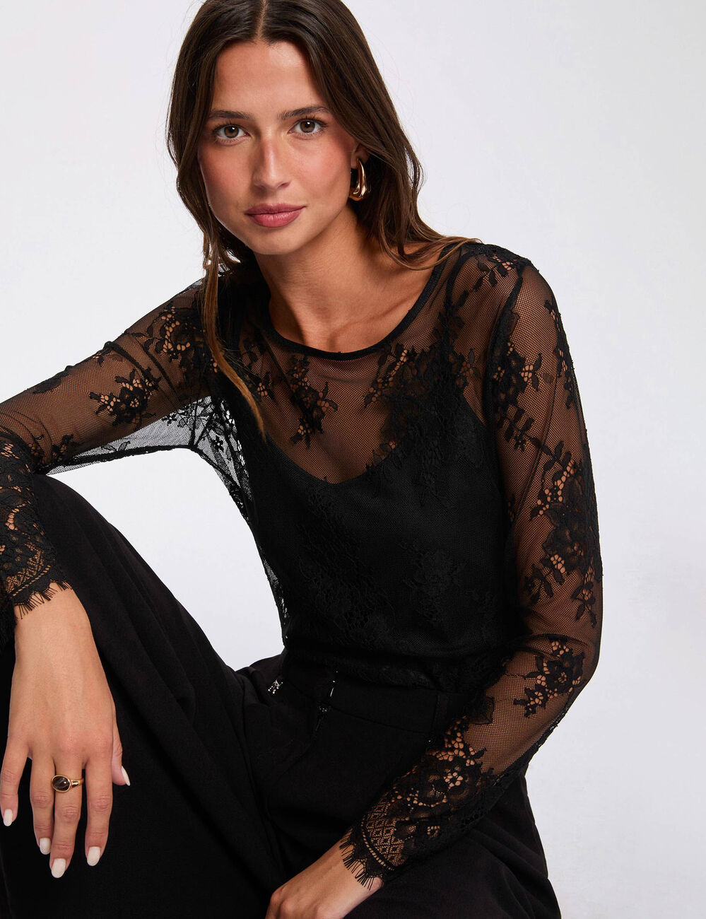 T-shirt dentelle manches longues noir femme