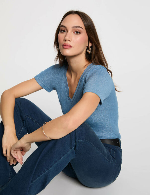 t shirt manches courtes avec col en v bleu gris femme T-shirt manches courtes avec col en V bleu gris femme