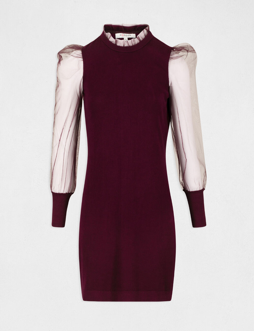 Robe pull ajust&eacute;e &agrave; manches bouffantes bordeaux femme