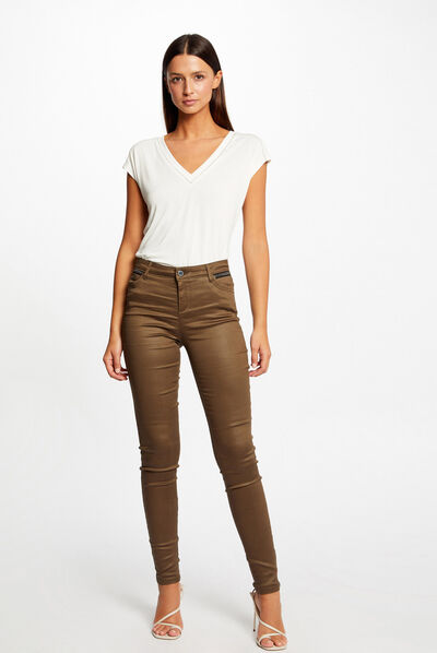 Pantalon skinny enduit à détails bijoux vert moyen femme