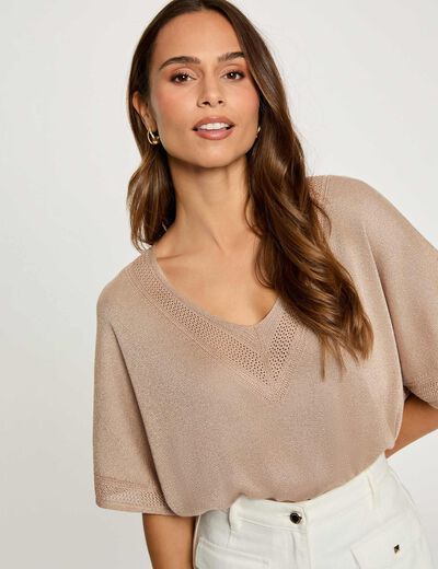 Pull col en V manches courtes taupe femme