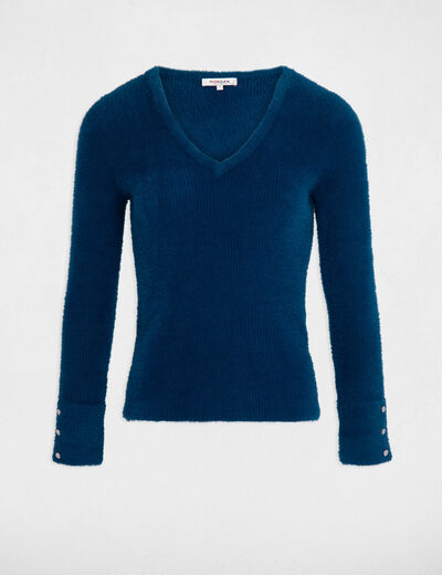 Pull manches longues maille duveteuse vert canard femme