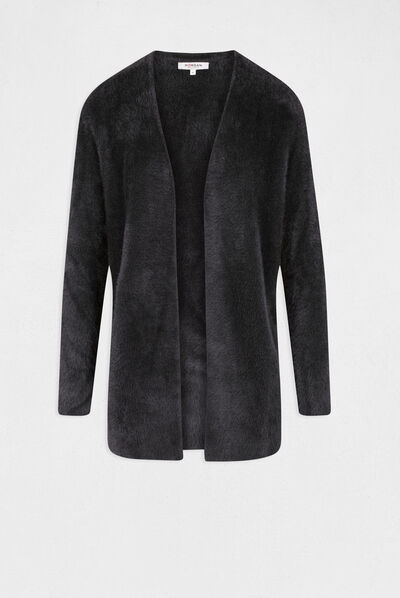 Gilet long maille duveteuse gris anthracite femme
