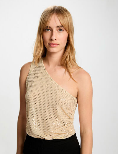 Top asym&eacute;trique strass couleur argent femme