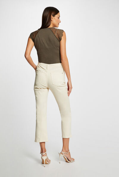 T-shirt manches courtes à dentelle vert kaki femme