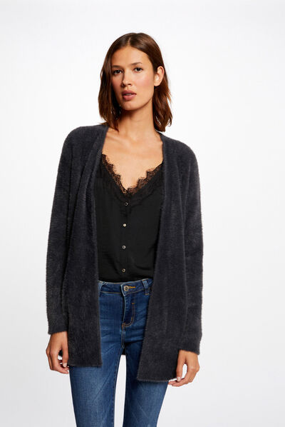 Gilet long maille duveteuse gris anthracite femme