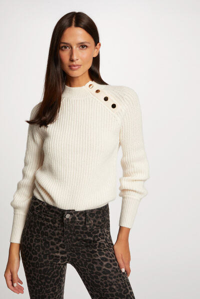 Pull manches longues col montant ivoire femme