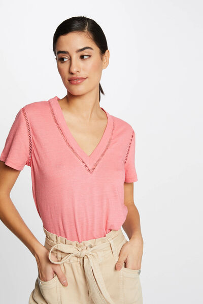 T-shirt manches courtes col en V rose femme