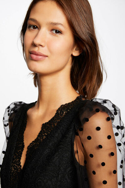 Body manches longues à dentelle noir femme