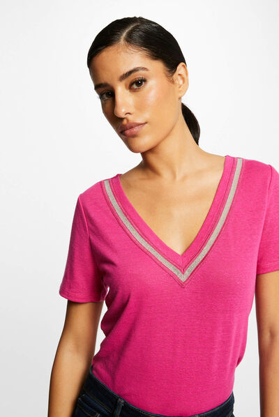 T-shirt manches courtes à détails bijoux rose fonce femme