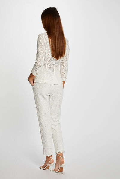 Pantalon droit en dentelle ecru femme