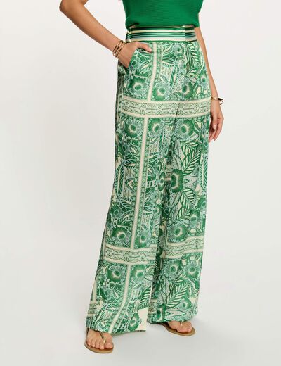 Pantalon large taille haute multicolore femme